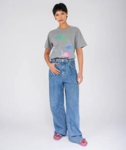 FLAMINGO" Grey Trucker Tee Shirt -Newtone Brand newtone brand ss25 trucker grey flamingo